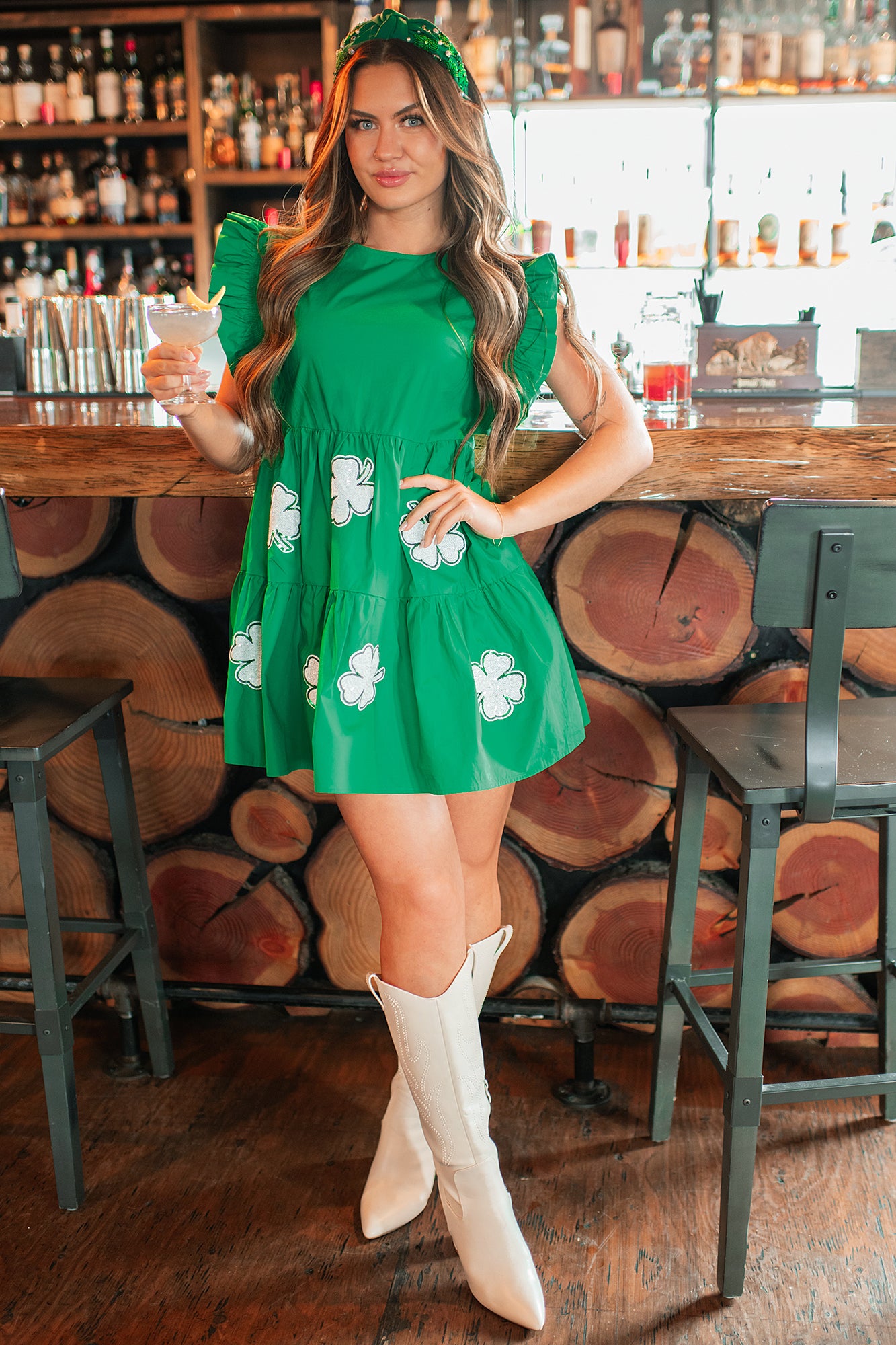 Aisling Sequin Clover Mini Dress (Green) - NanaMacs