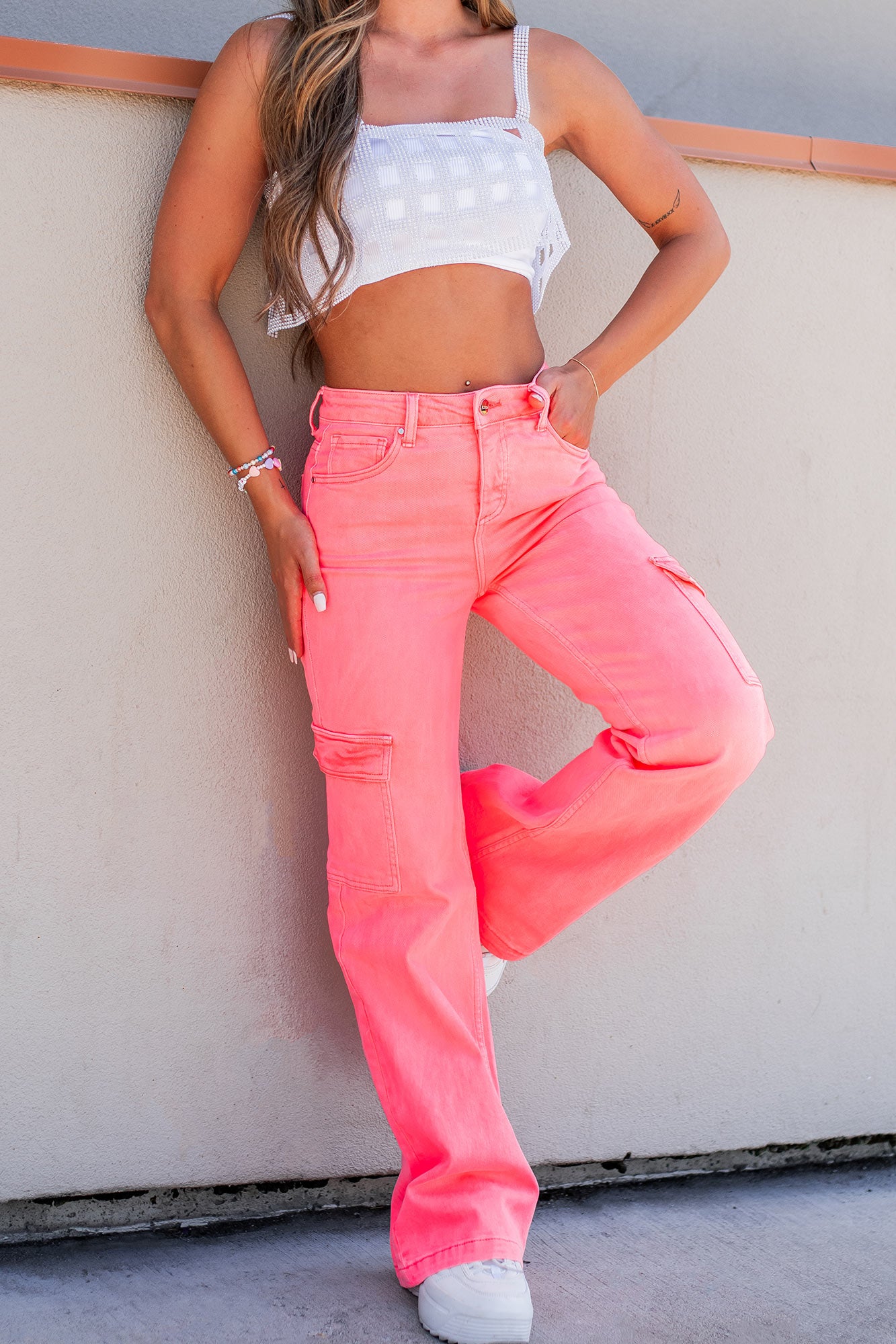 Living In The Moment High Rise Wide Leg Cargo Jeans (Hot Pink