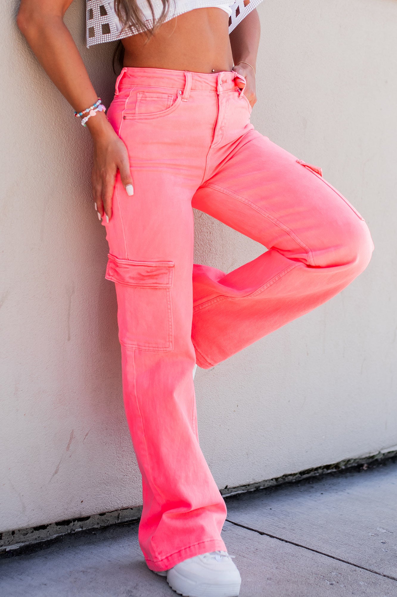 Living In The Moment High Rise Wide Leg Cargo Jeans (Hot Pink) - NanaMacs