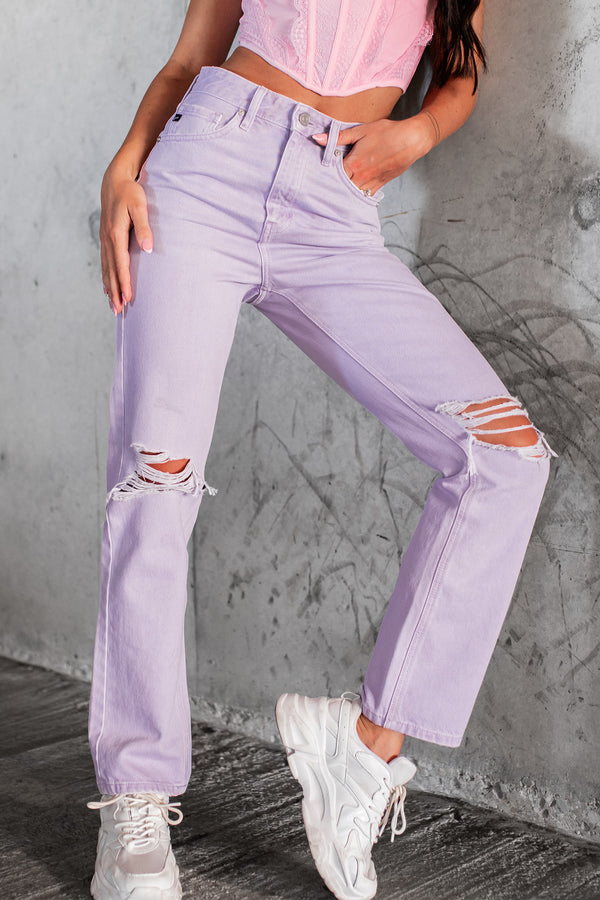 Penelope High Rise Distressed Straight Leg Kancan Jeans (Lavender) - NanaMacs