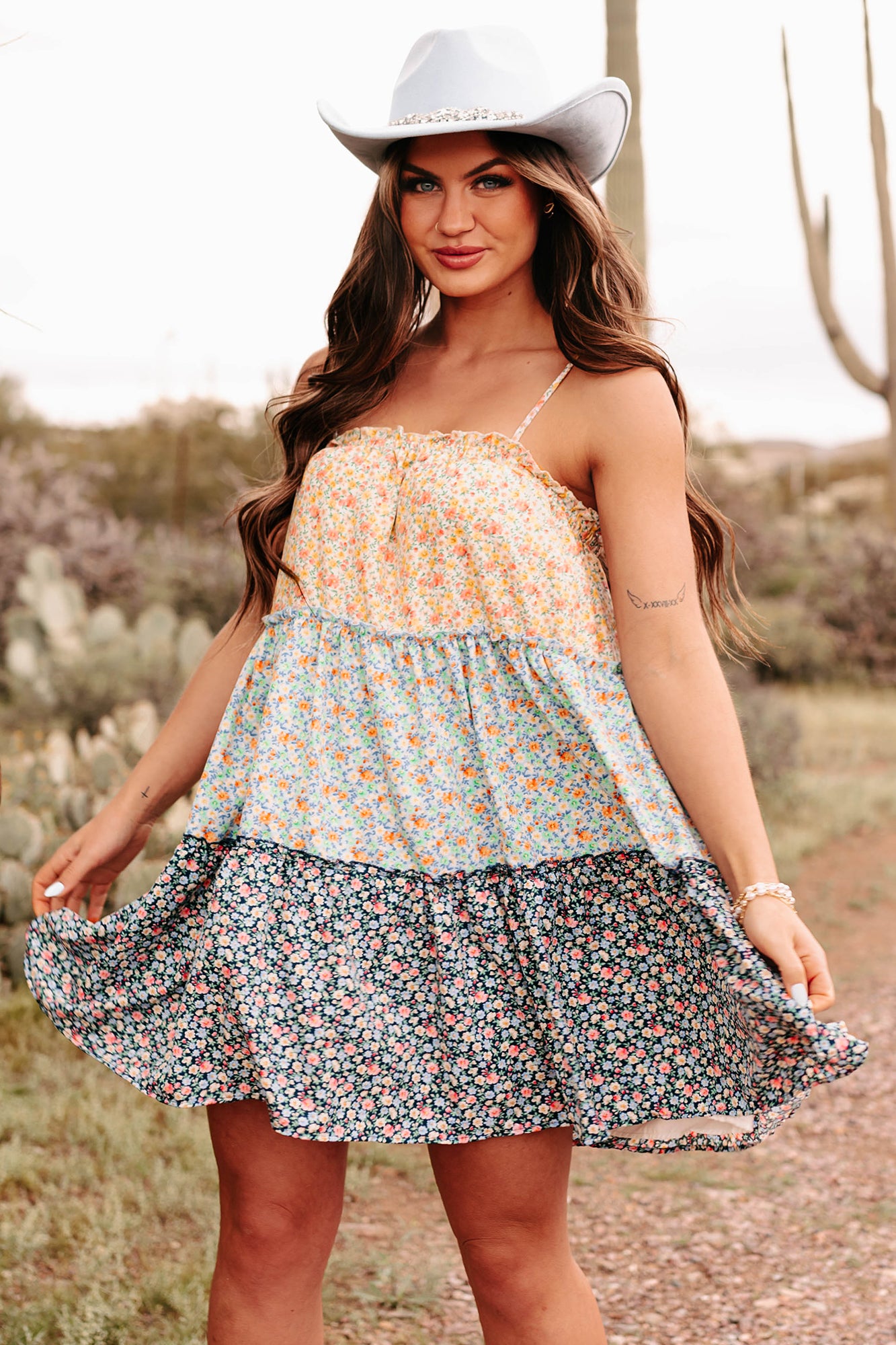 Expressions Of Beauty Tiered Floral Mini Dress (White/Blue Multi) - NanaMacs