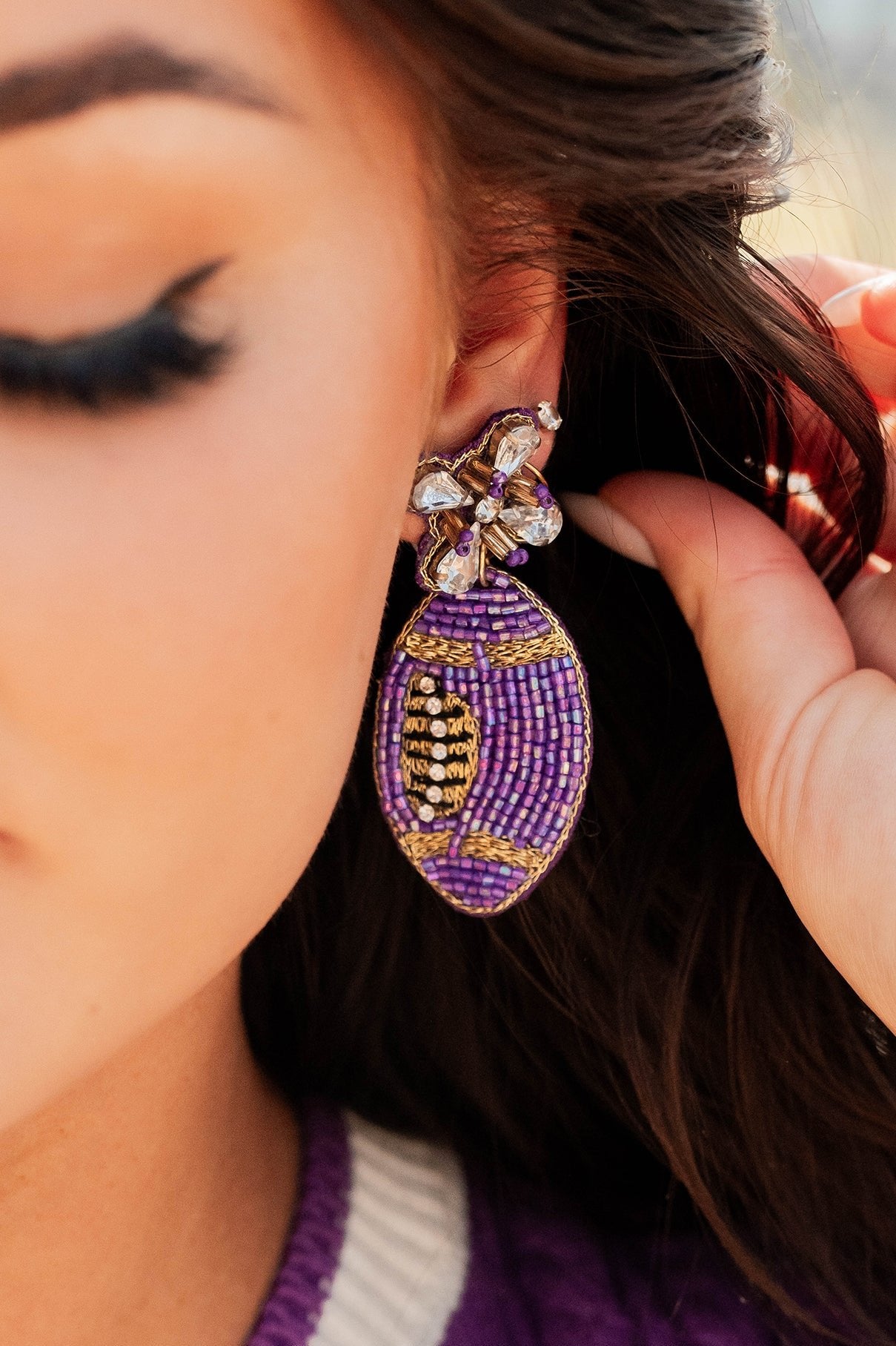 Football Fashion Beaded Rhinestone Football Earrings (Purple) - NanaMacs