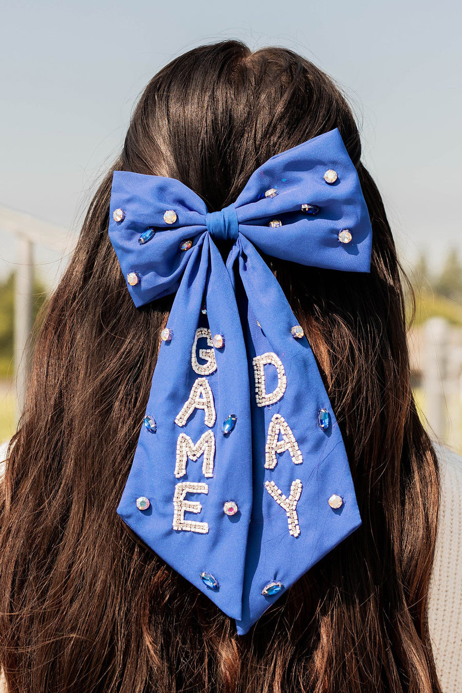 Pep Squad Beaded Barrette Hair Bow (Blue/White) - NanaMacs