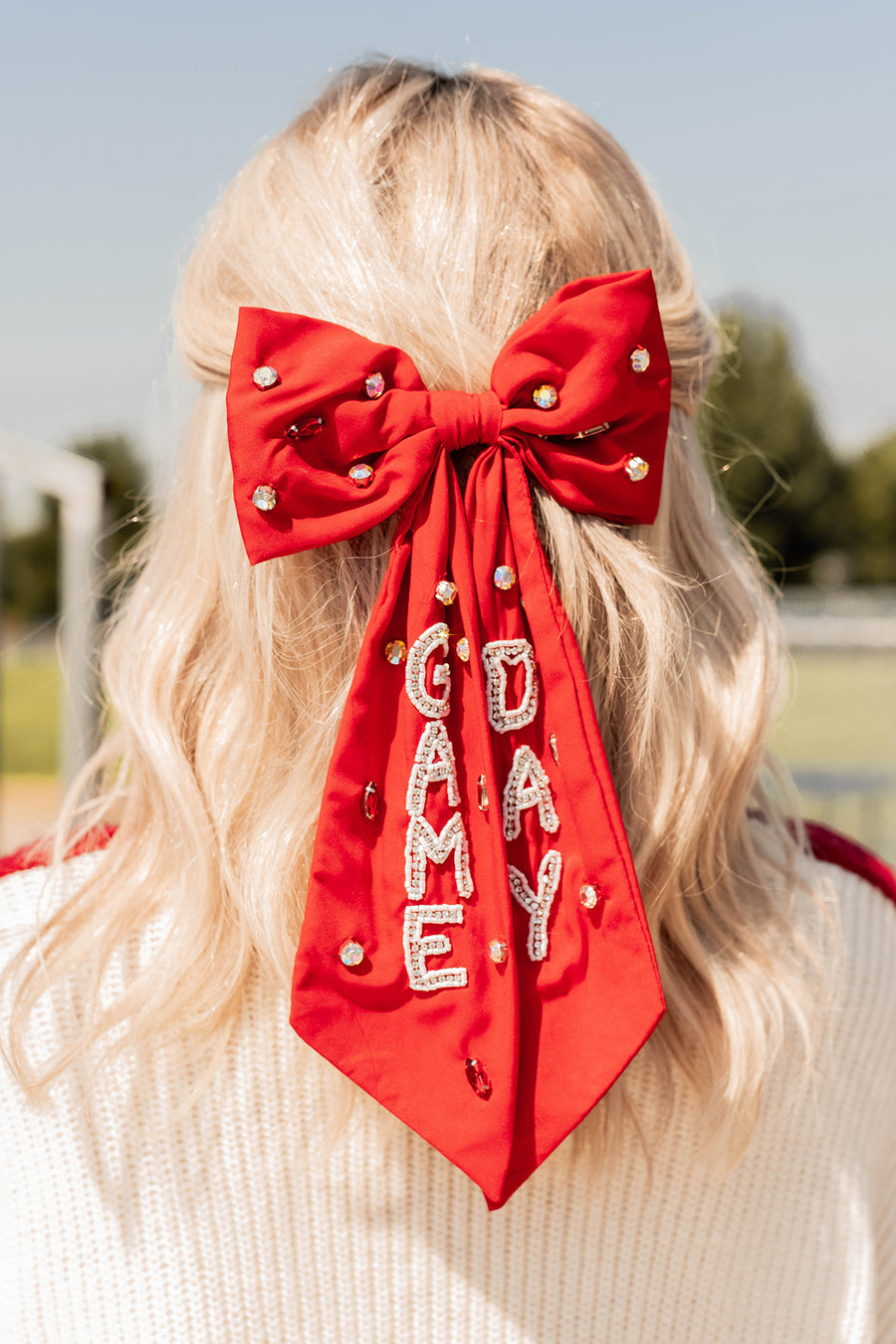 Pep Squad Beaded Barrette Hair Bow (Red/White) - NanaMacs