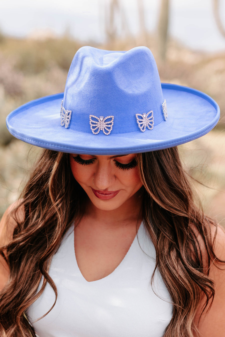 Where Beauty Reigns Rhinestone Butterfly Pencil Brim Hat (Blue) - NanaMacs