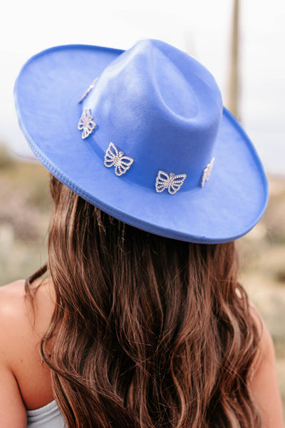 Where Beauty Reigns Rhinestone Butterfly Pencil Brim Hat (Blue) - NanaMacs