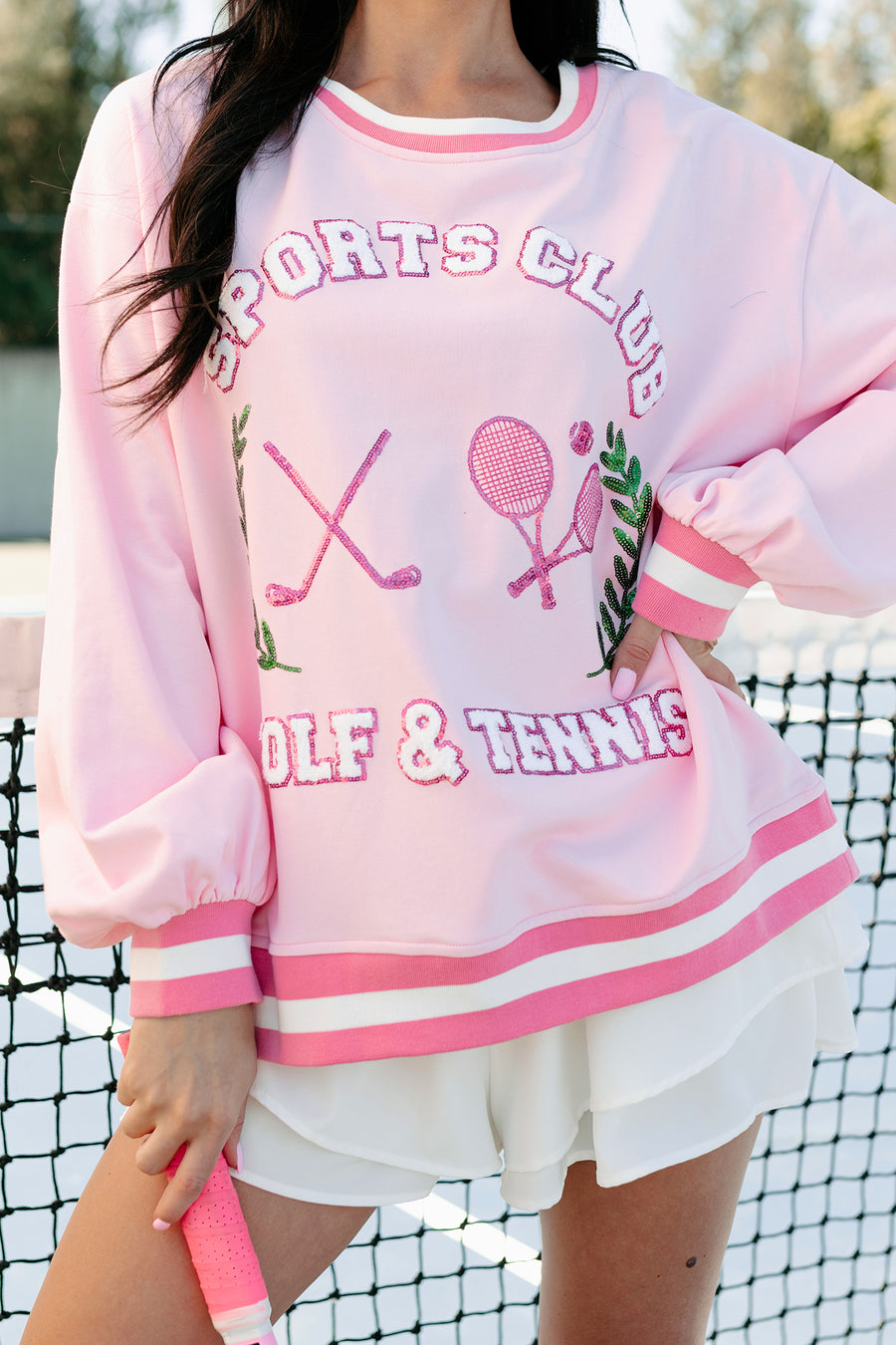 "Sports Club" Sequin Patch Sweatshirt (Light Pink) - NanaMacs