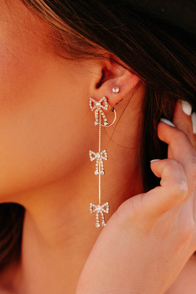 Forever Girly Rhinestone Bow Dangle Earrings (Gold) - NanaMacs