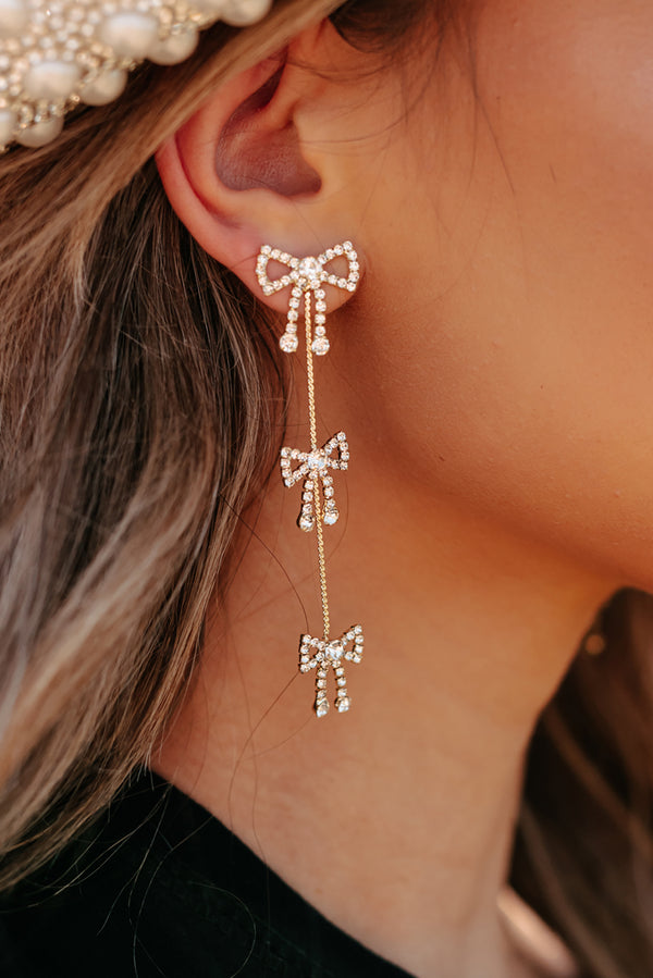 Forever Girly Rhinestone Bow Dangle Earrings (Gold) - NanaMacs