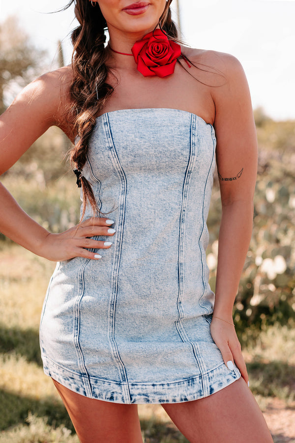 Just Another Crush Strapless Denim Mini Dress (Light Wash) - NanaMacs