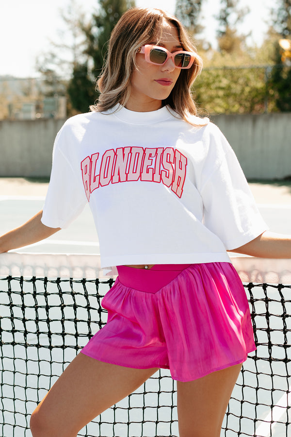 "Blondeish" Oversized Graphic Crop Tee (White/Pink) - Print On Demand - NanaMacs