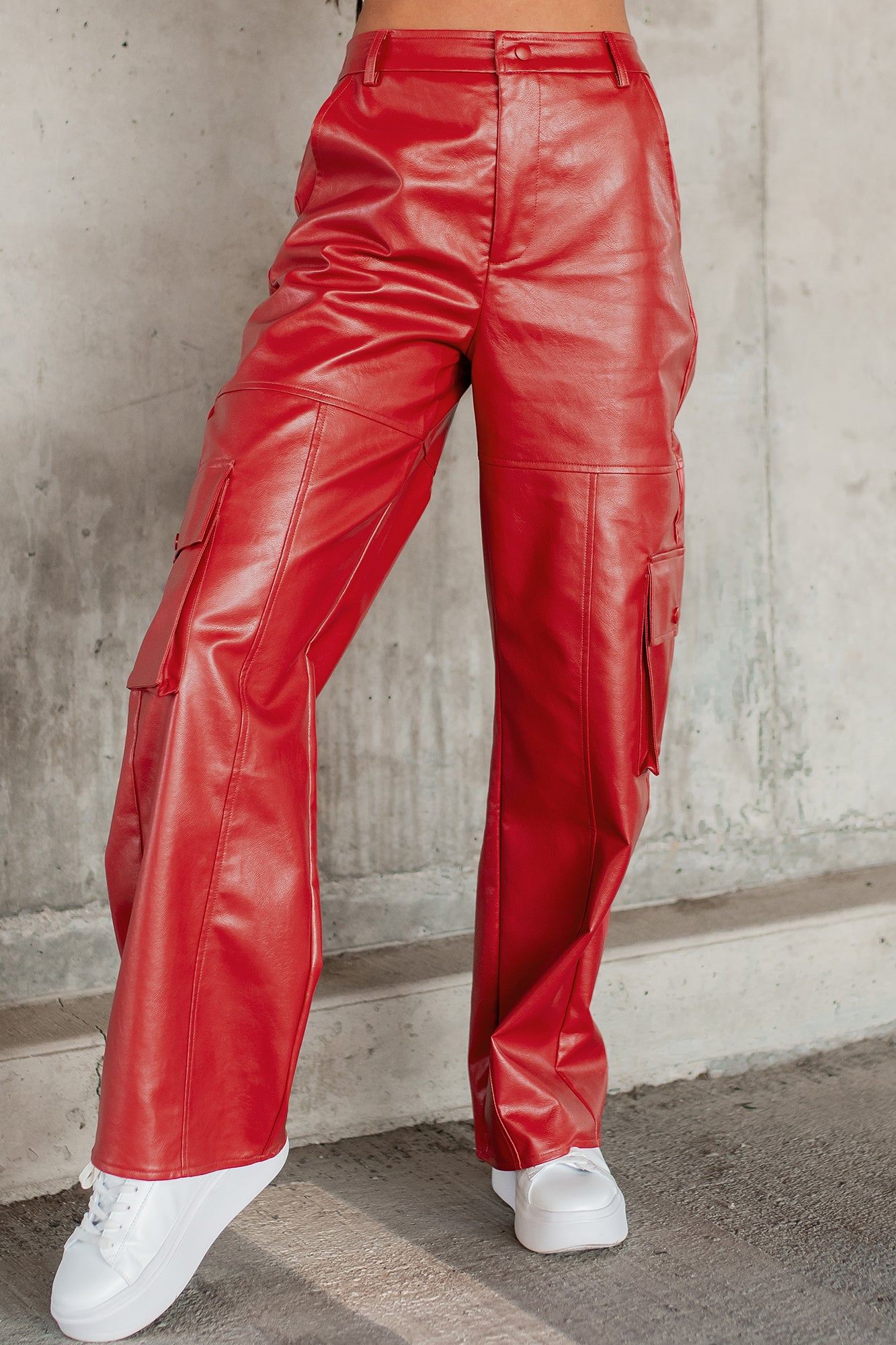 Suspiciously Stylish Faux Leather Cargo Pants (Red) - NanaMacs