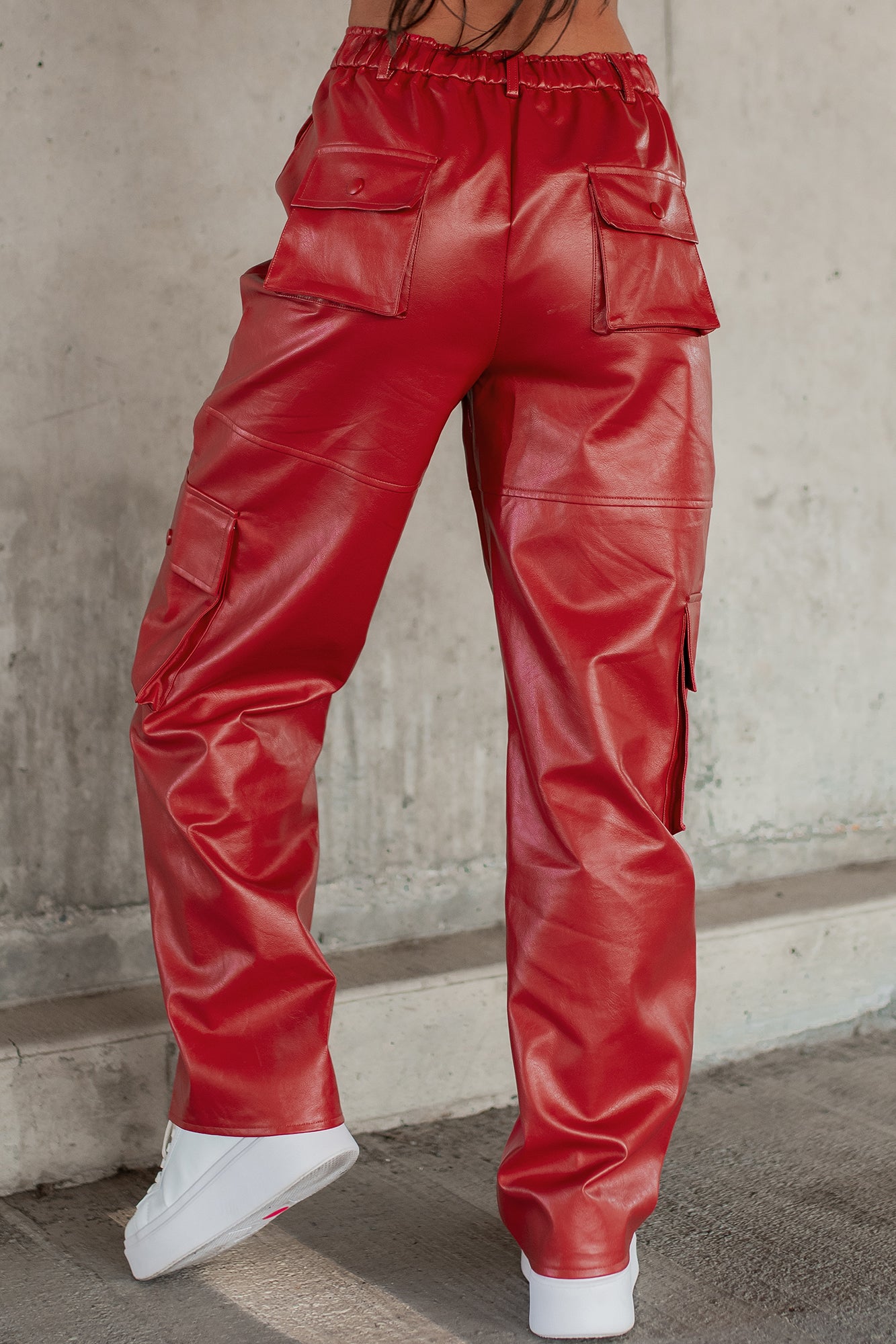 Suspiciously Stylish Faux Leather Cargo Pants (Red) - NanaMacs