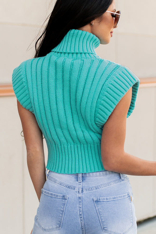 End Of An Era Sleeveless Turtleneck Sweater (Turquoise) - NanaMacs