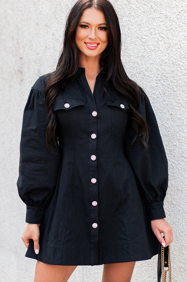 Pressure To Succeed Rhinestone Button Shirt Dress (Black) - NanaMacs