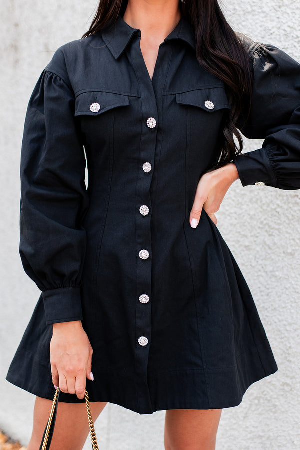 Pressure To Succeed Rhinestone Button Shirt Dress (Black) - NanaMacs