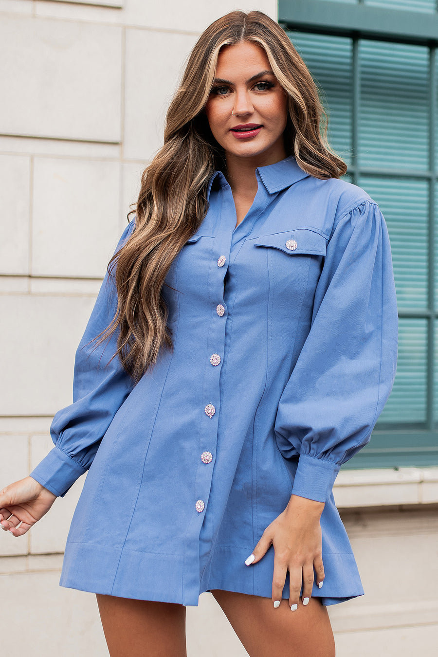 Pressure To Succeed Rhinestone Button Shirt Dress (Blue) - NanaMacs