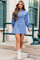 Pressure To Succeed Rhinestone Button Shirt Dress (Blue) - NanaMacs