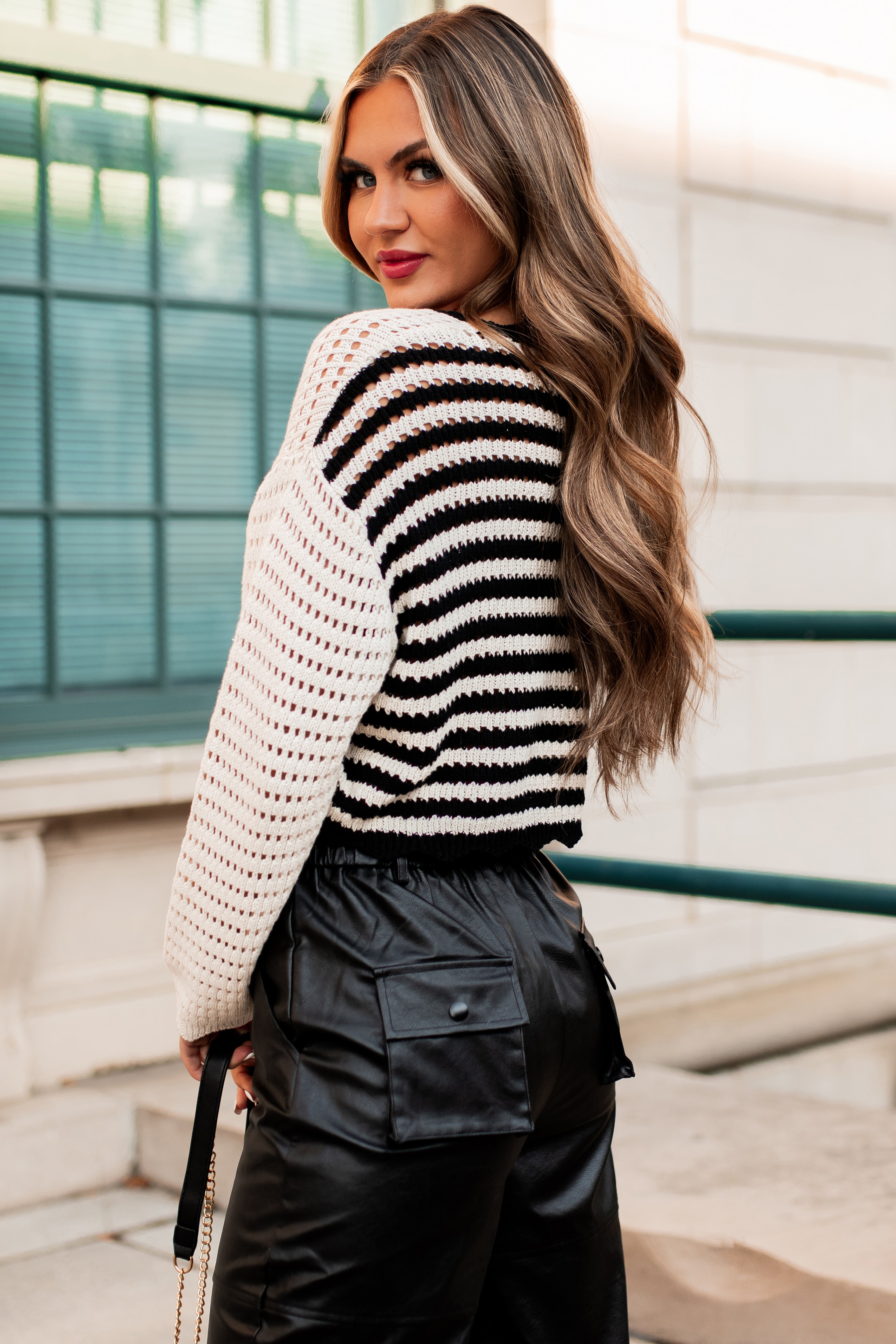 Sophisticated Ease Open Knit Sweater Top With Striped Back (Cream