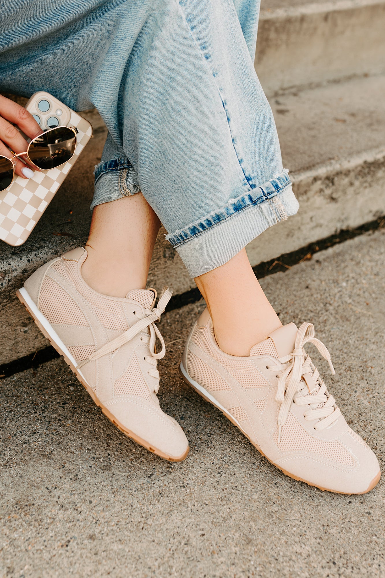 Chase The Wins Lace-Up Mesh Sneakers (Taupe) - NanaMacs