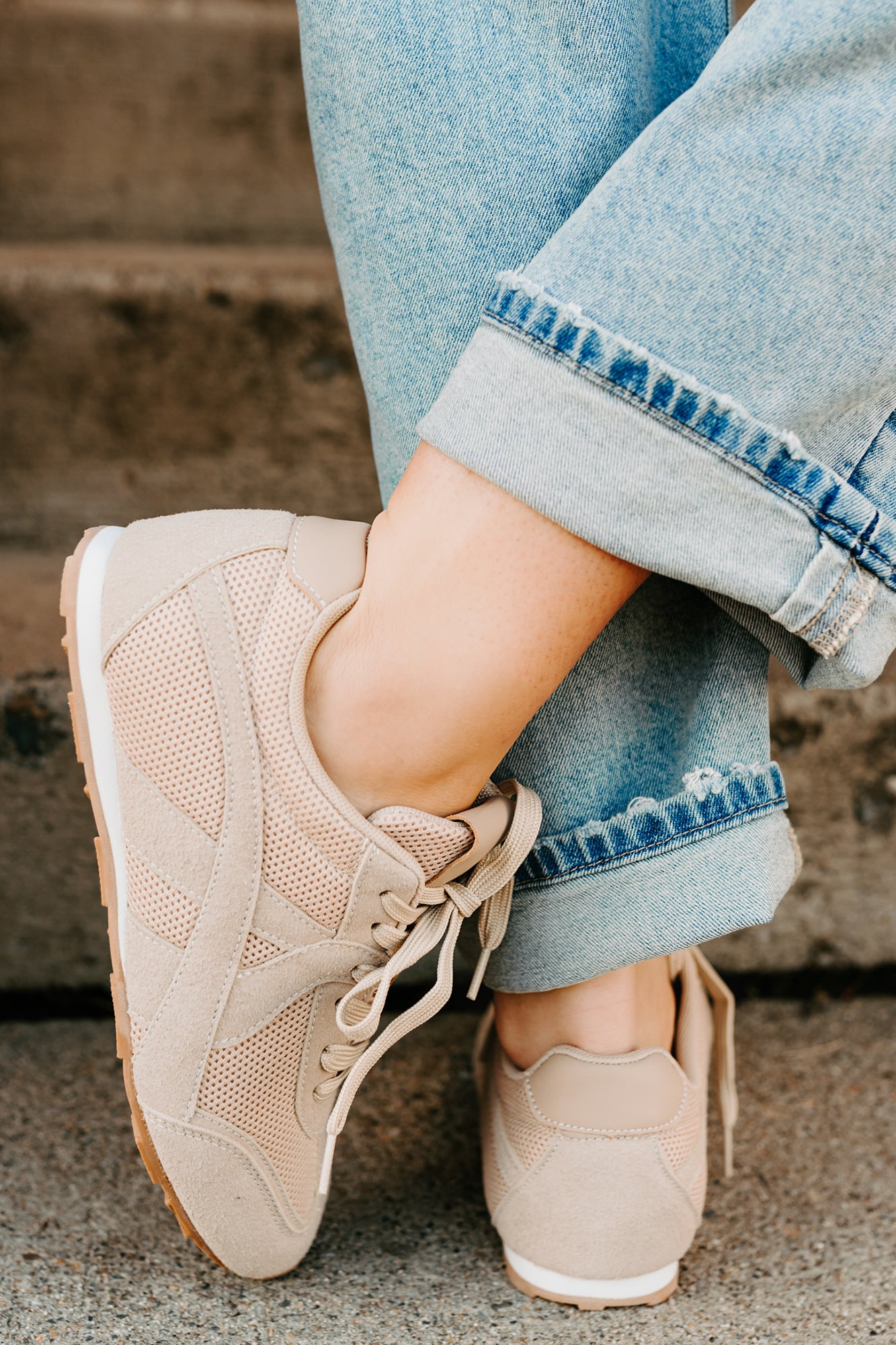 Chase The Wins Lace-Up Mesh Sneakers (Taupe) - NanaMacs