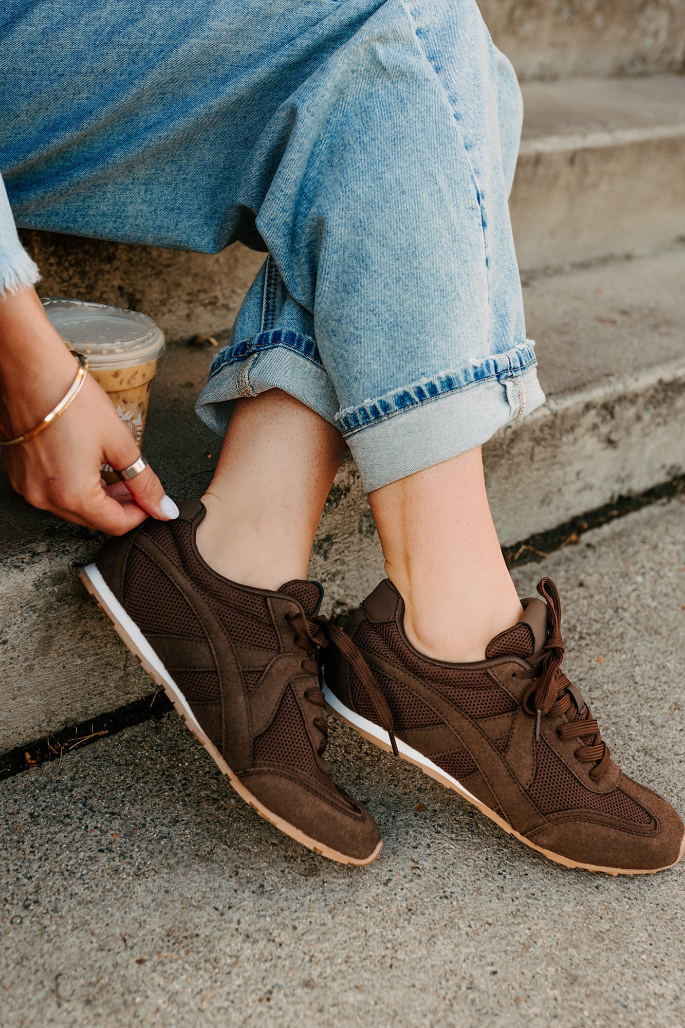 Chase The Wins Lace-Up Mesh Sneakers (Coffee) - NanaMacs
