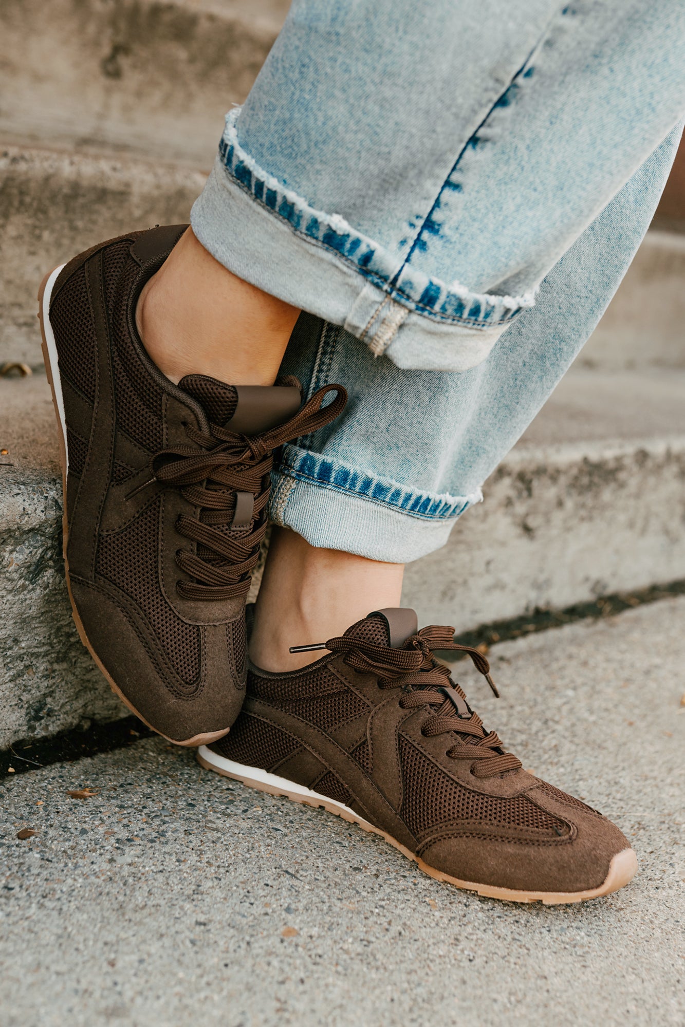Chase The Wins Lace-Up Mesh Sneakers (Coffee) - NanaMacs