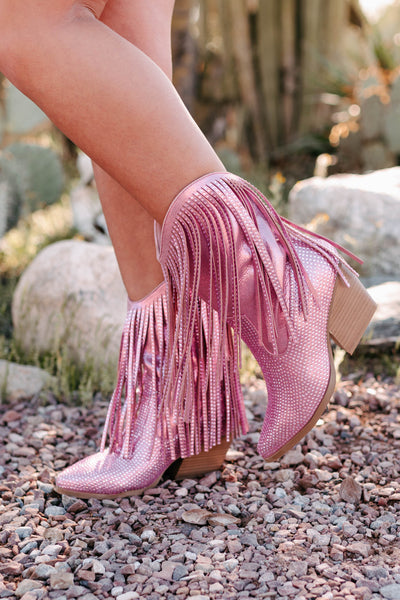 Making My Own Rules Rhinestone Fringe Western Boots (Pink) - NanaMacs