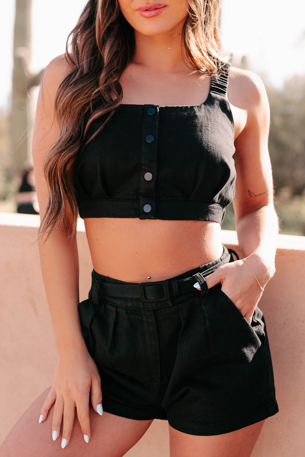 Unbreakable Bonds Denim Crop Top & Shorts Set (Black) - NanaMacs