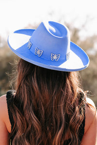 Where Beauty Reigns Rhinestone Butterfly Pencil Brim Hat (Blue) - NanaMacs