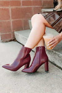 Letting Glow Block Heel Pointed Booties (Burgundy) - NanaMacs