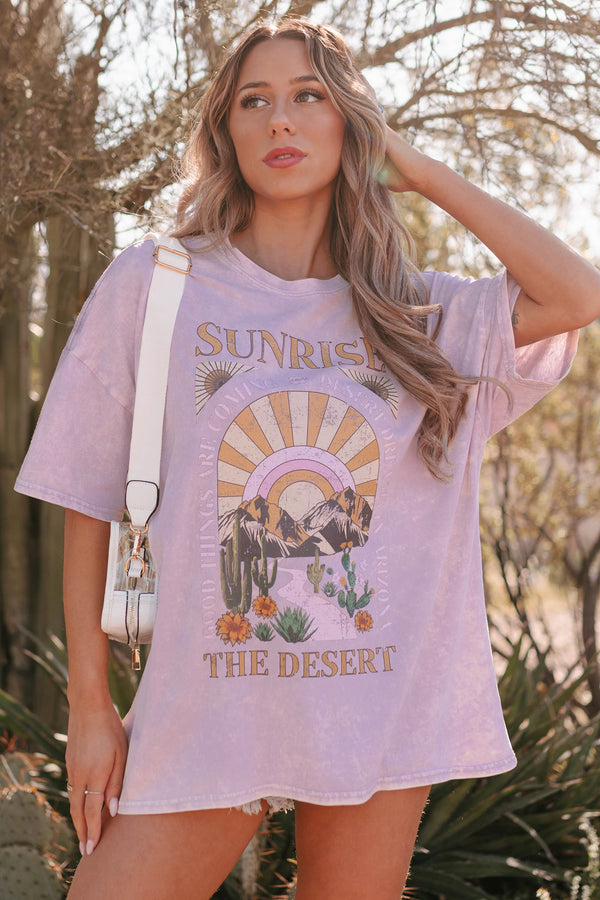 "The Desert Sunrise" Oversized Mineral Wash Graphic T-Shirt (Pastel Violet) - Print On Demand - NanaMacs