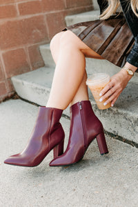 Letting Glow Block Heel Pointed Booties (Burgundy) - NanaMacs