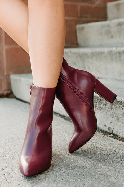 Letting Glow Block Heel Pointed Booties (Burgundy) - NanaMacs