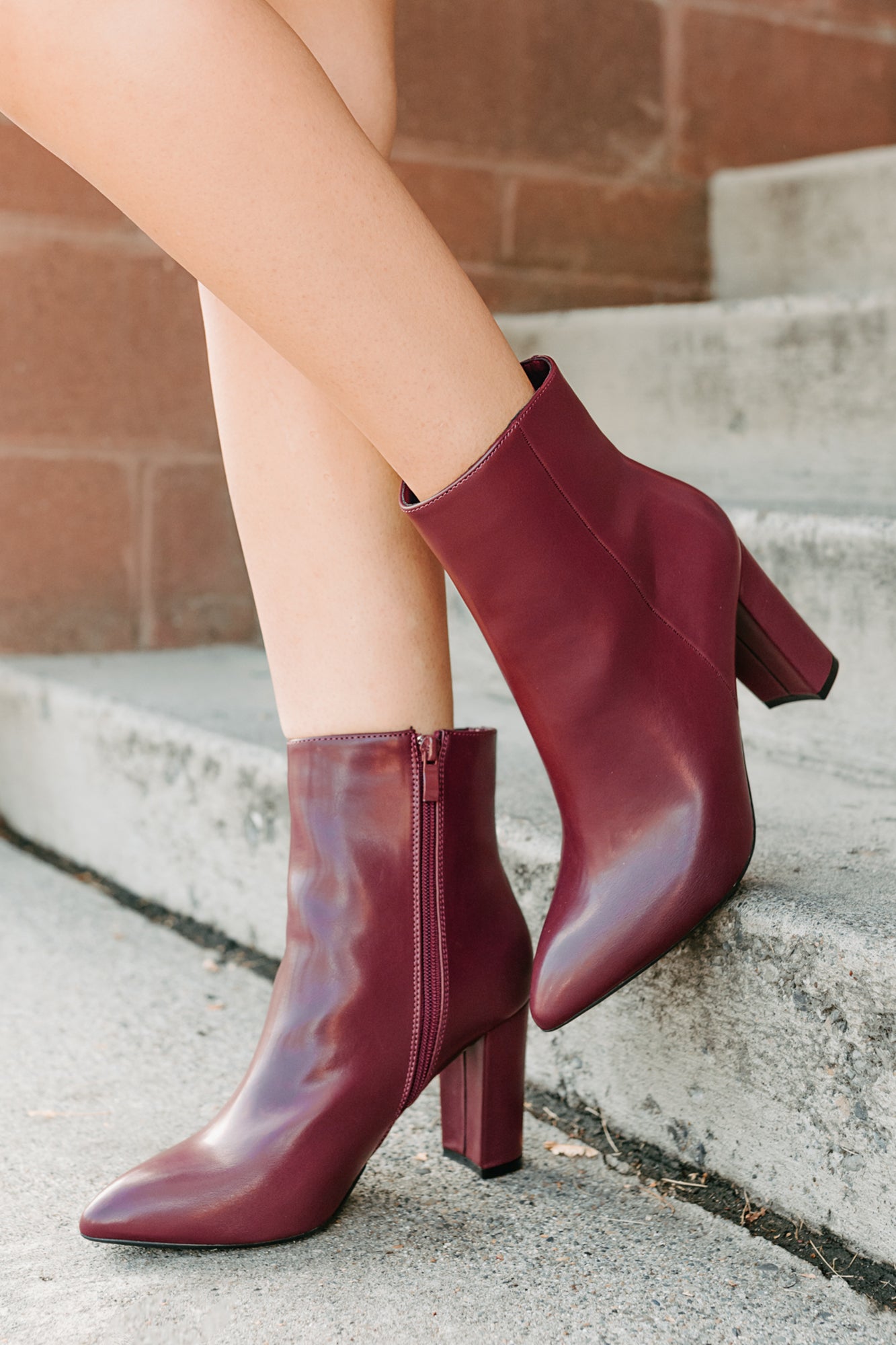 Letting Glow Block Heel Pointed Booties (Burgundy) - NanaMacs