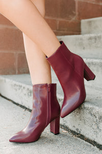 Letting Glow Block Heel Pointed Booties (Burgundy) - NanaMacs