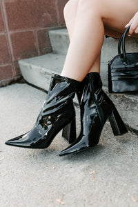 Gloss Boss Pointed Toe Patent Leather Booties (Black) - NanaMacs