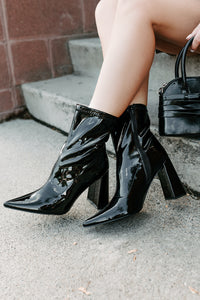 Gloss Boss Pointed Toe Patent Leather Booties (Black) - NanaMacs