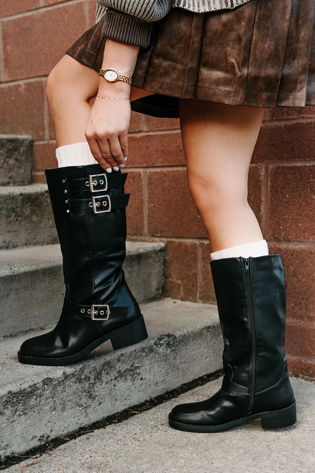 Your Move Now Faux Leather Buckle Boots (Black) - NanaMacs