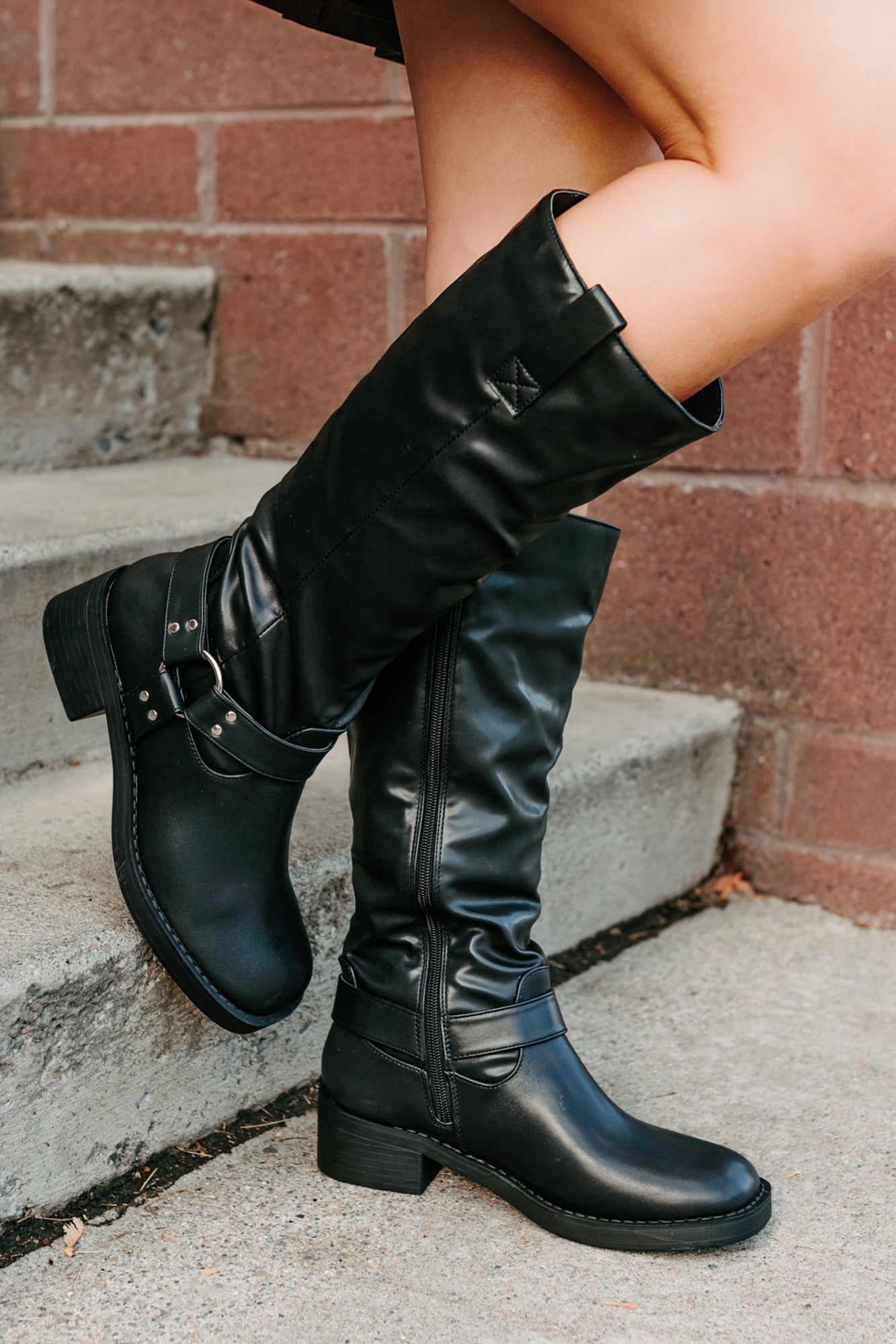 Clocking In Faux Leather Knee High Boots (Black) - NanaMacs