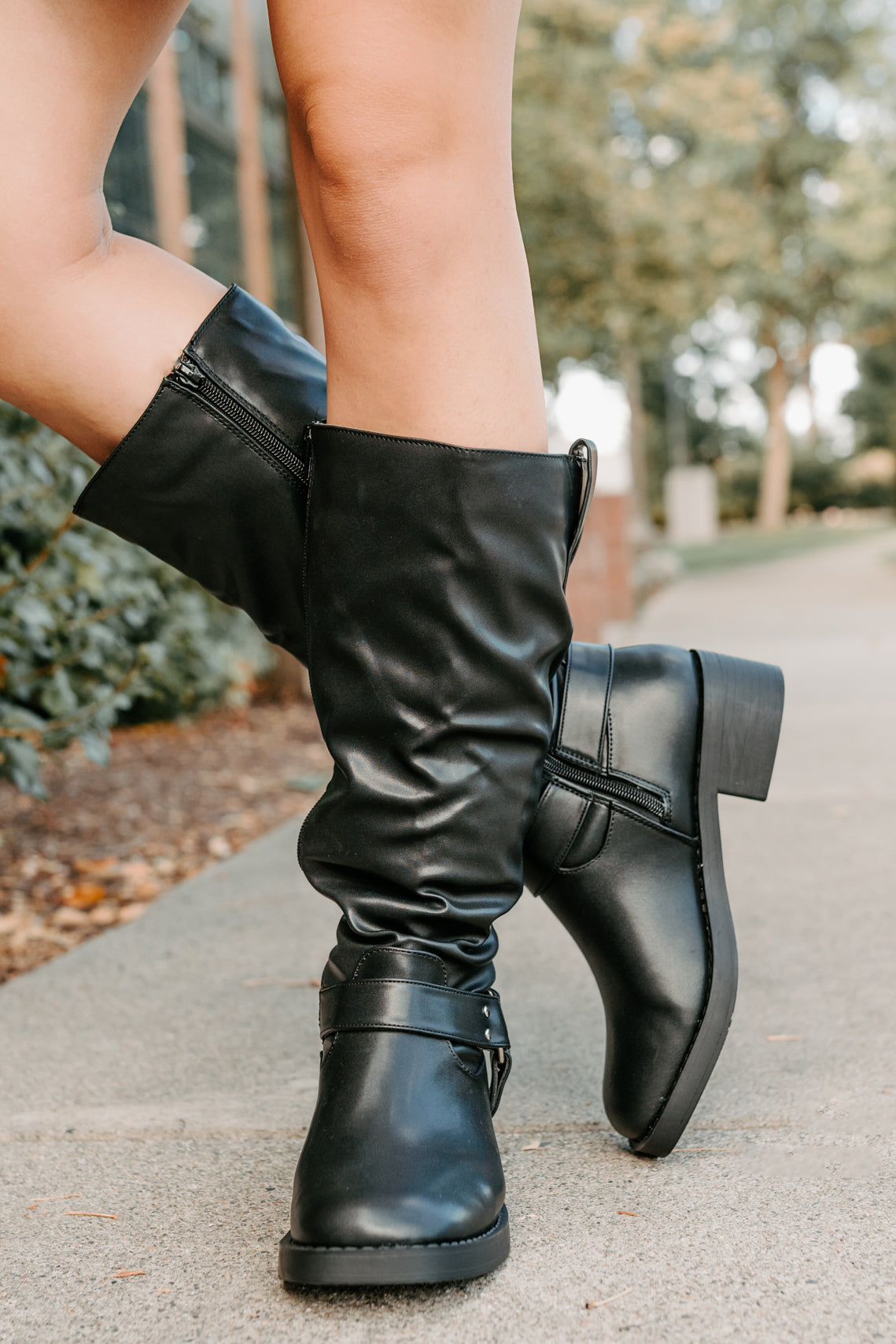 Clocking In Faux Leather Knee High Boots (Black) - NanaMacs