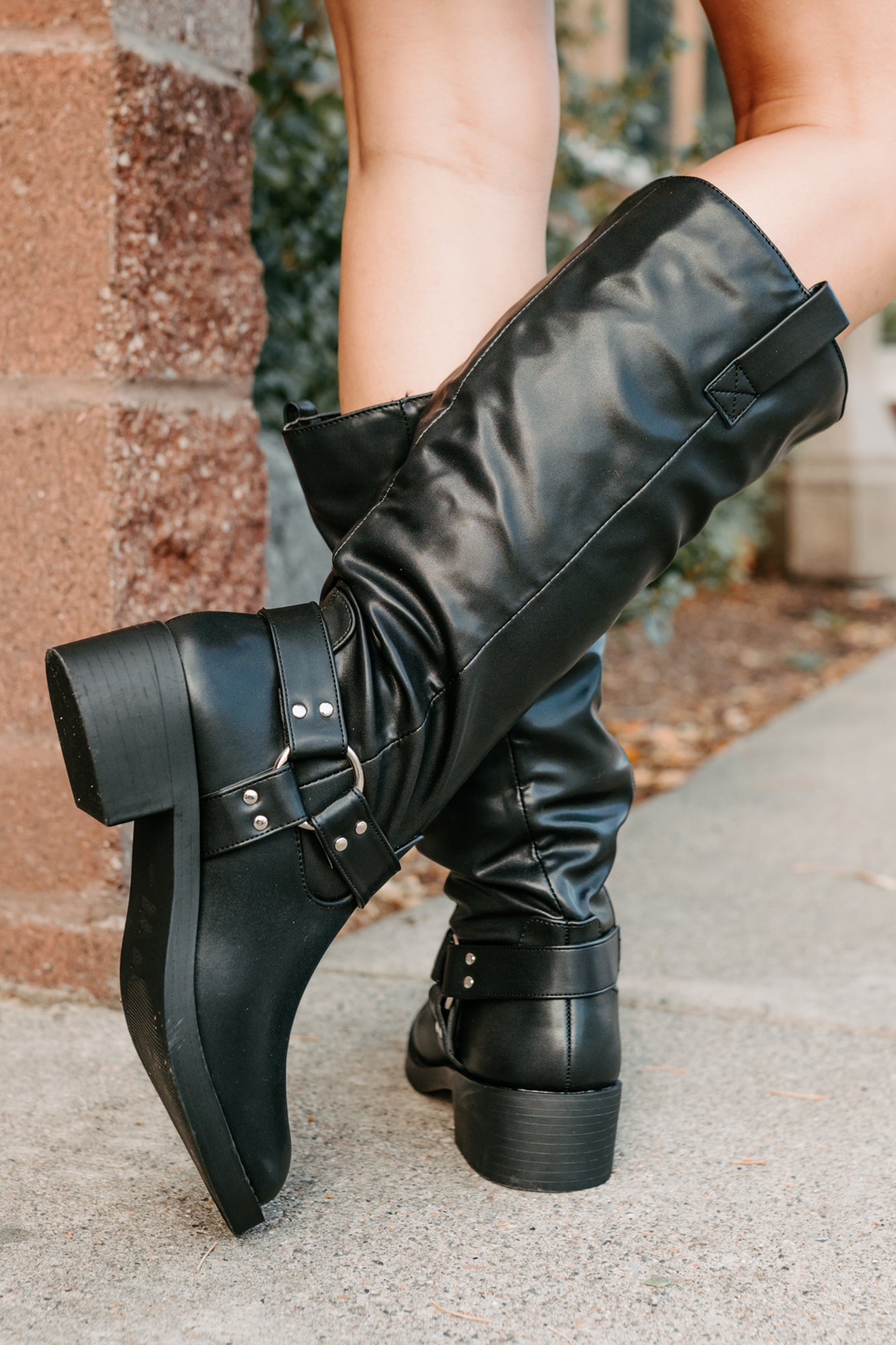 Clocking In Faux Leather Knee High Boots (Black) - NanaMacs