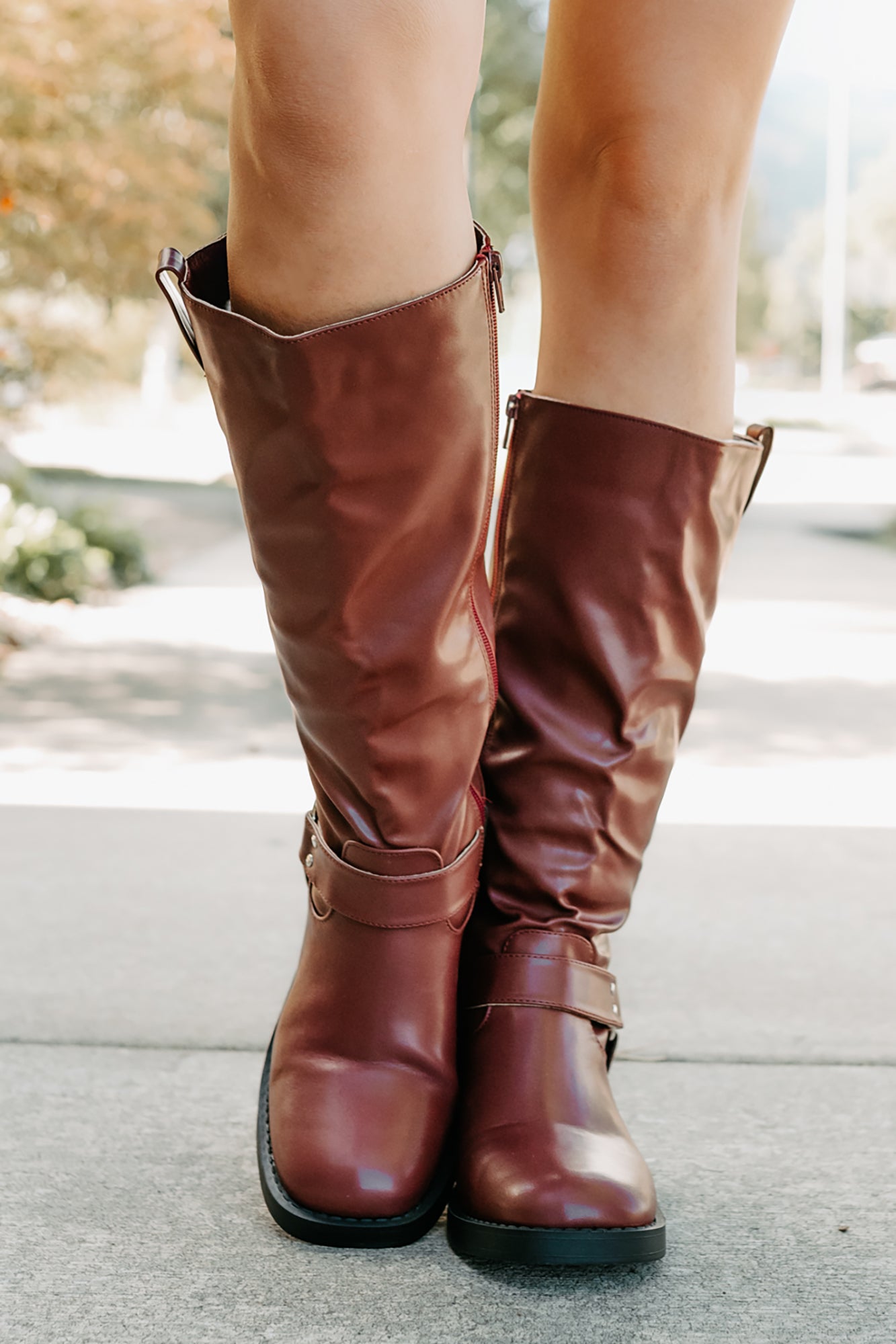Clocking In Faux Leather Knee High Boots (Wine) - NanaMacs