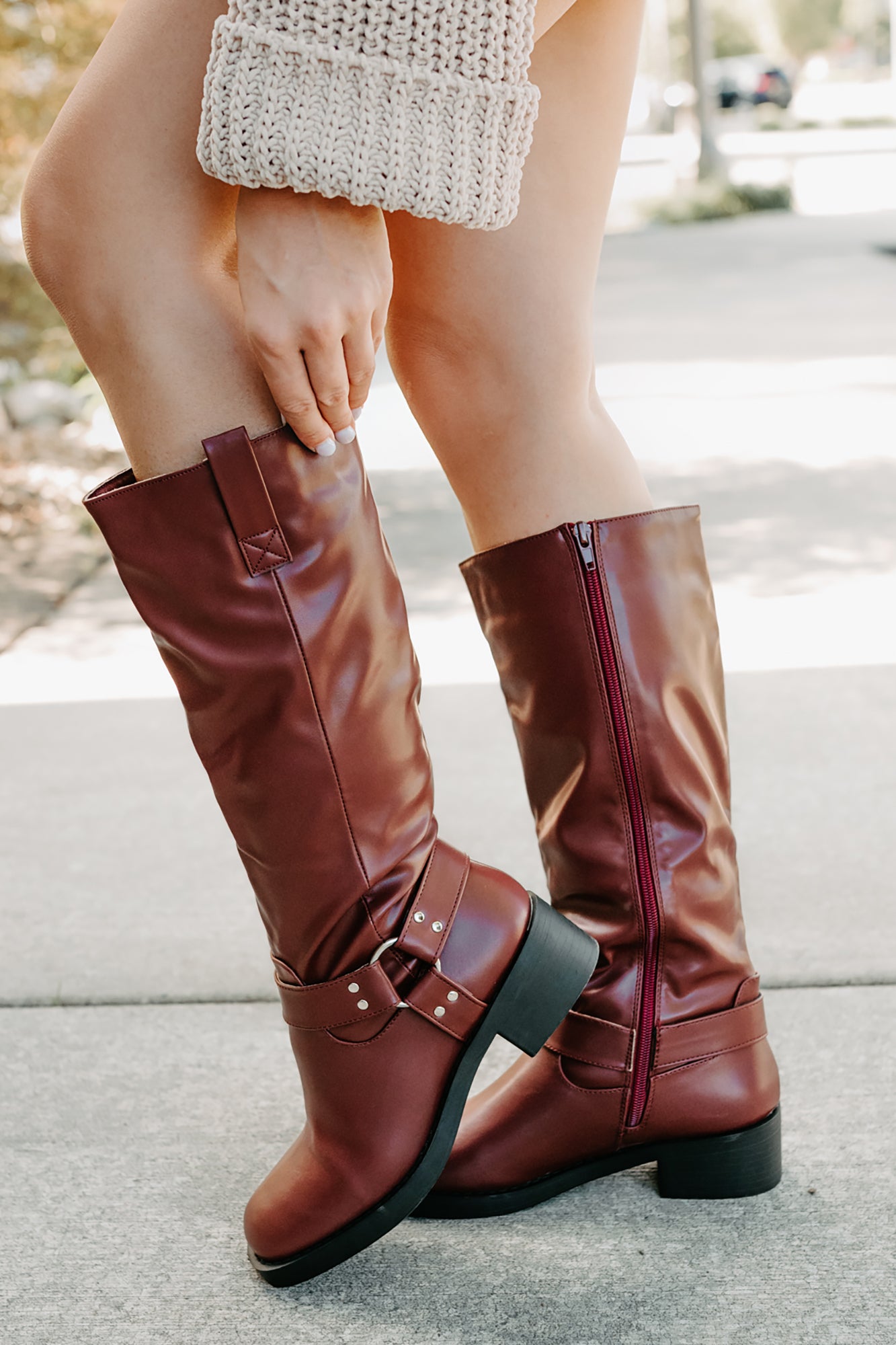 Clocking In Faux Leather Knee High Boots (Wine) - NanaMacs