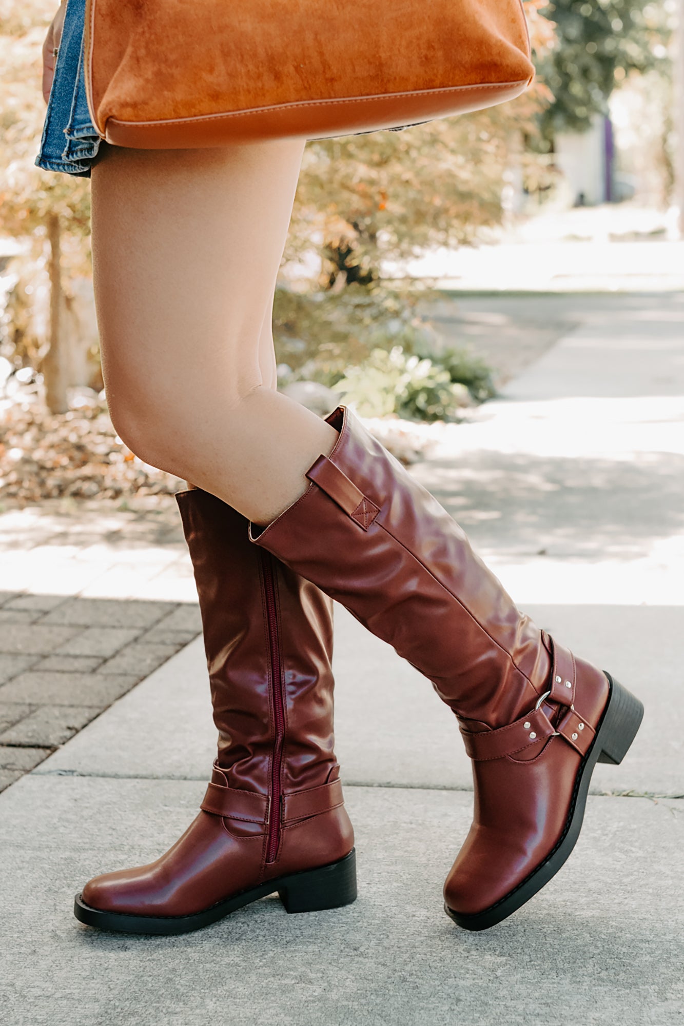 Clocking In Faux Leather Knee High Boots (Wine) - NanaMacs