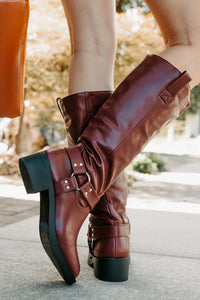 Clocking In Faux Leather Knee High Boots (Wine) - NanaMacs