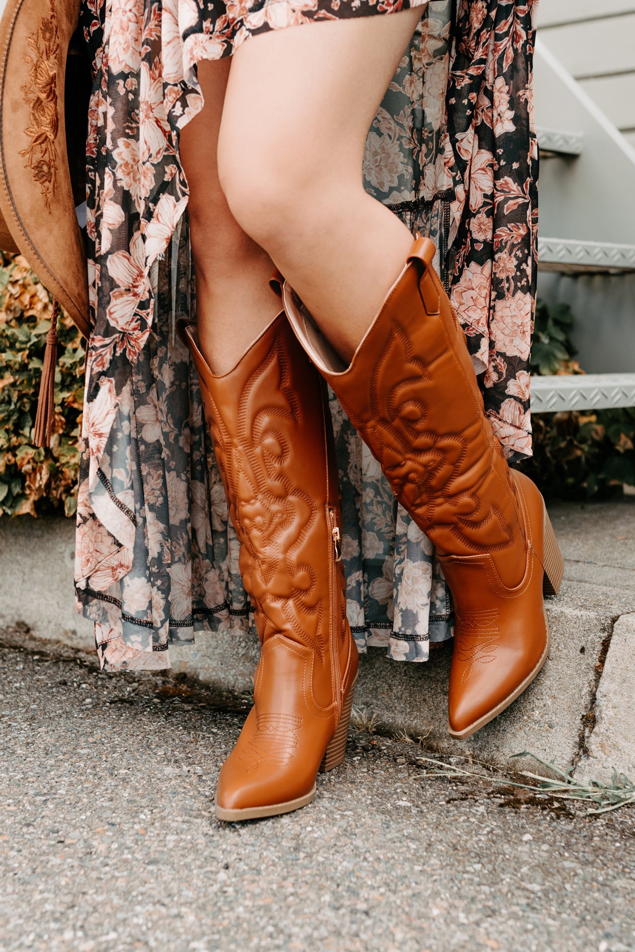 Didn't Come To Play Faux Leather Cowgirl Boots (Camel) - NanaMacs