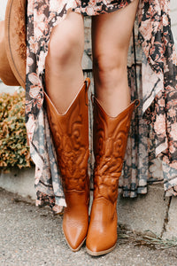 Didn't Come To Play Faux Leather Cowgirl Boots (Camel) - NanaMacs