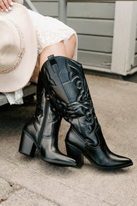 Didn't Come To Play Faux Leather Cowgirl Boots (Black) - NanaMacs