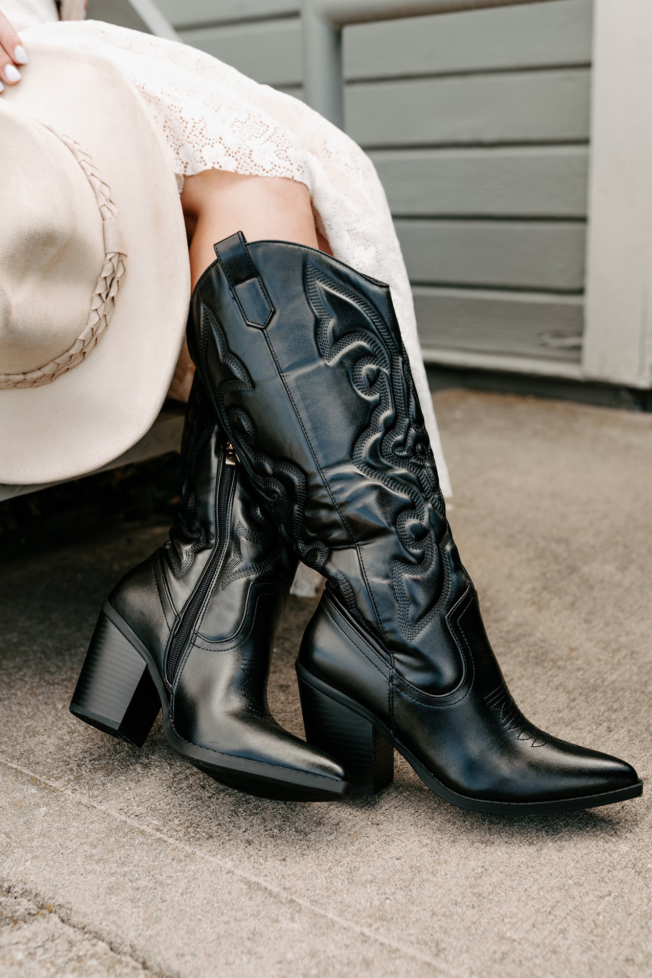 Didn't Come To Play Faux Leather Cowgirl Boots (Black) - NanaMacs